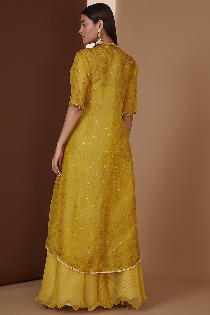 Yellow Organza Block Printed Cape Set by Yashodhara at Pernia's Pop Up Shop
