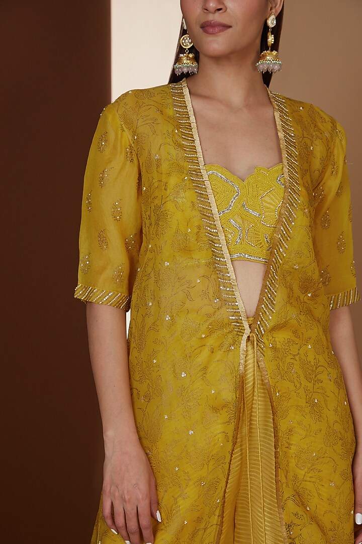Yellow Organza Block Printed Cape Set by Yashodhara at Pernia's Pop Up Shop