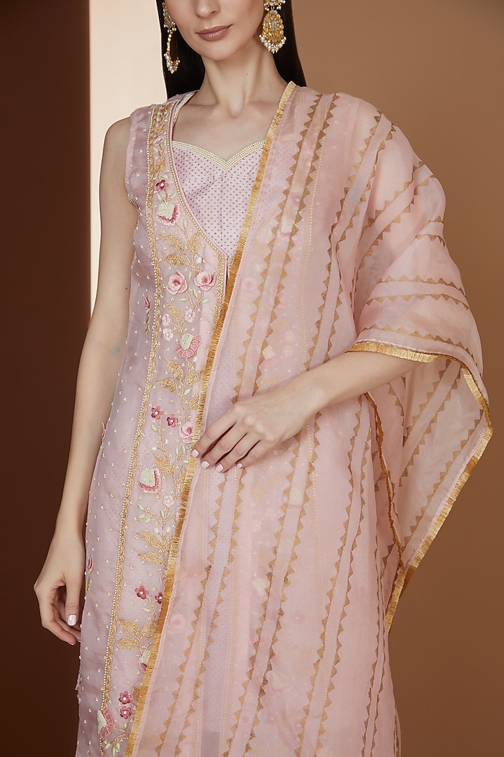 Pink Organza Pansy Work Jacket Set by Yashodhara at Pernia's Pop Up Shop