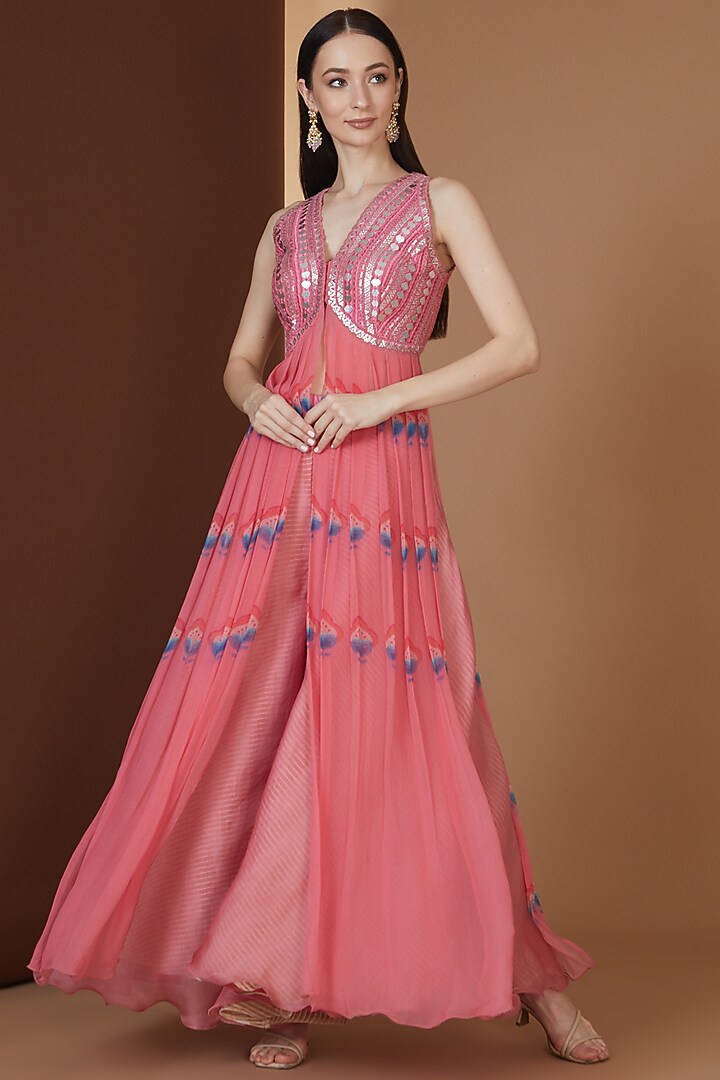 Blush Pink Chiffon & Raw Silk Leather Embroidered Kurta Set by Yashodhara at Pernia's Pop Up Shop