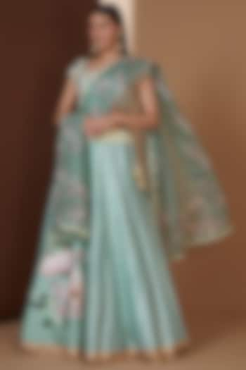 Teal Green Buttercup Printed Wedding Lehenga Set by Yashodhara at Pernia's Pop Up Shop