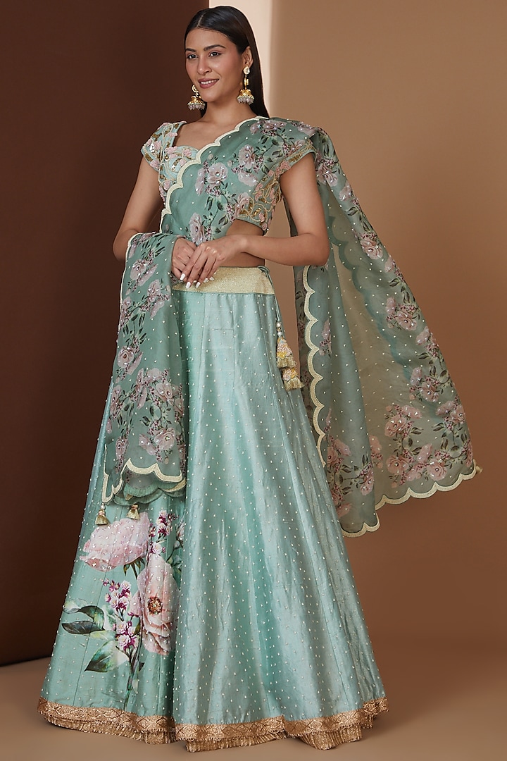 Teal Green Buttercup Printed Wedding Lehenga Set by Yashodhara at Pernia's Pop Up Shop