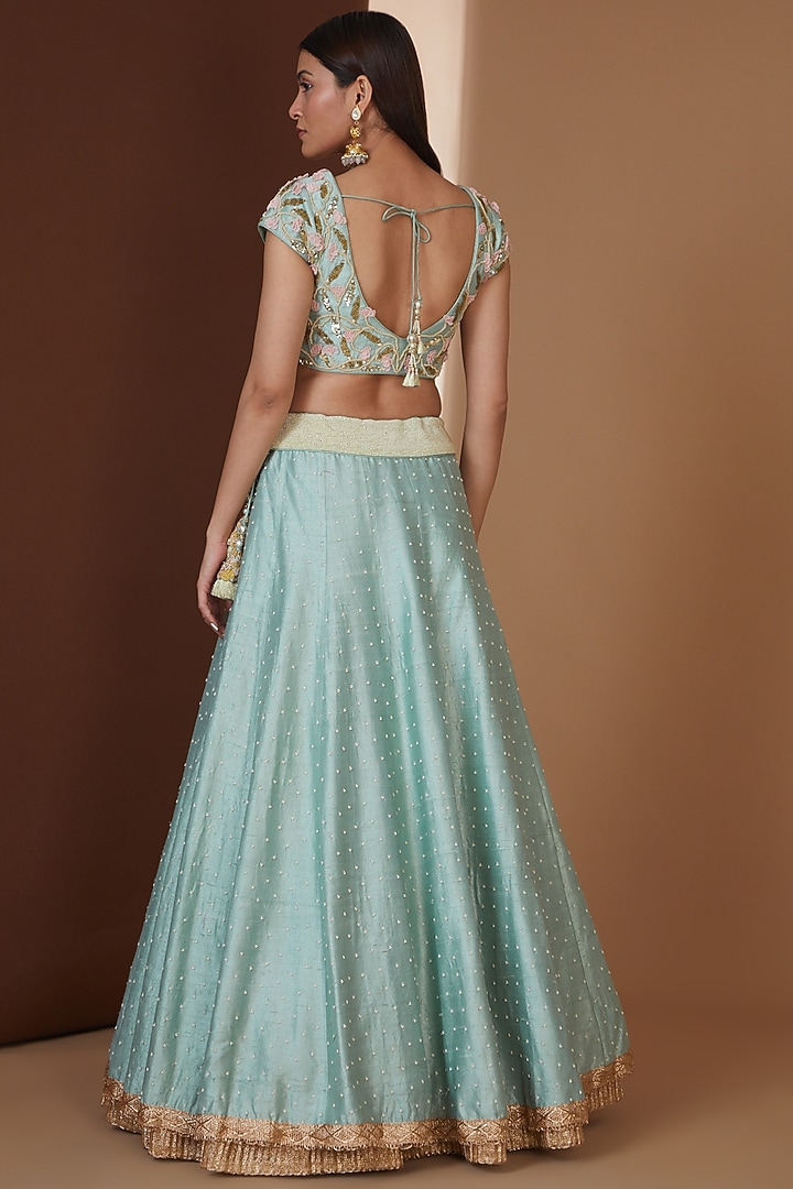 Teal Green Buttercup Printed Wedding Lehenga Set by Yashodhara at Pernia's Pop Up Shop