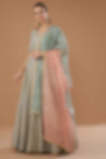 Teal Green Raw Silk & Organza Embroidered Bridal Lehenga Set by Yashodhara at Pernia's Pop Up Shop