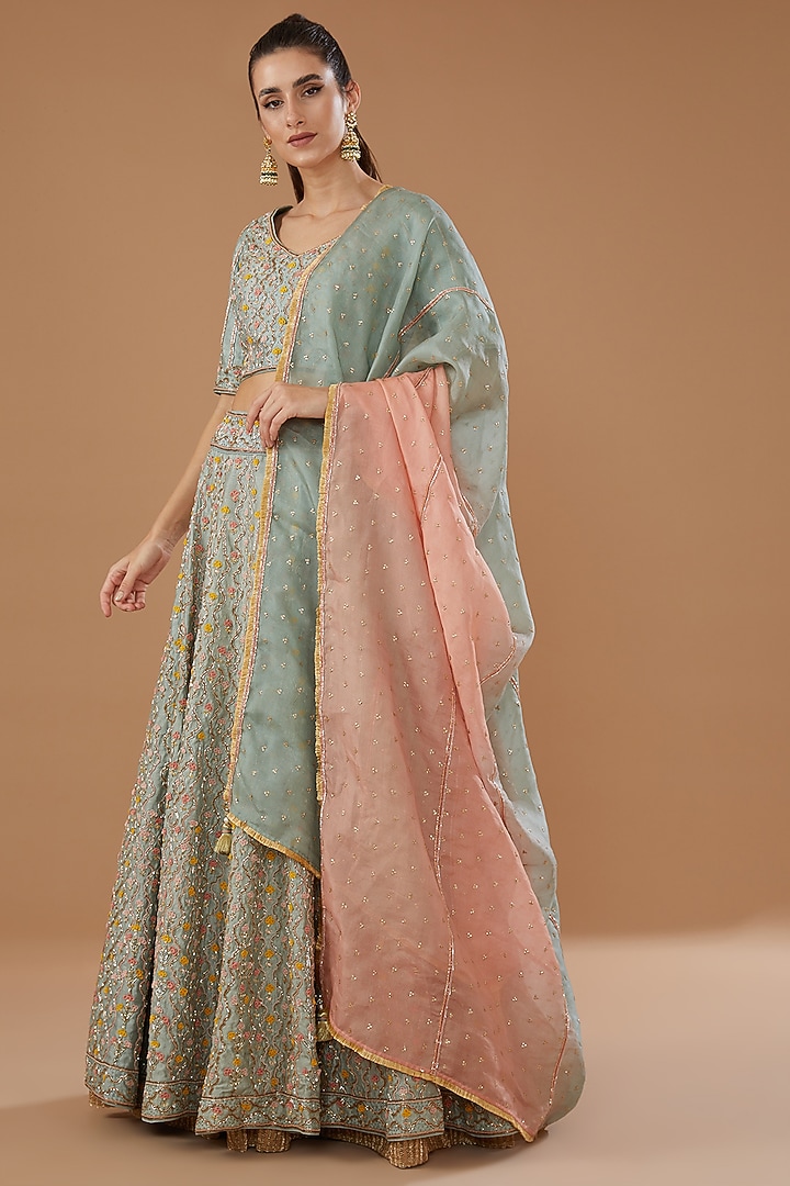 Teal Green Raw Silk & Organza Embroidered Bridal Lehenga Set by Yashodhara at Pernia's Pop Up Shop
