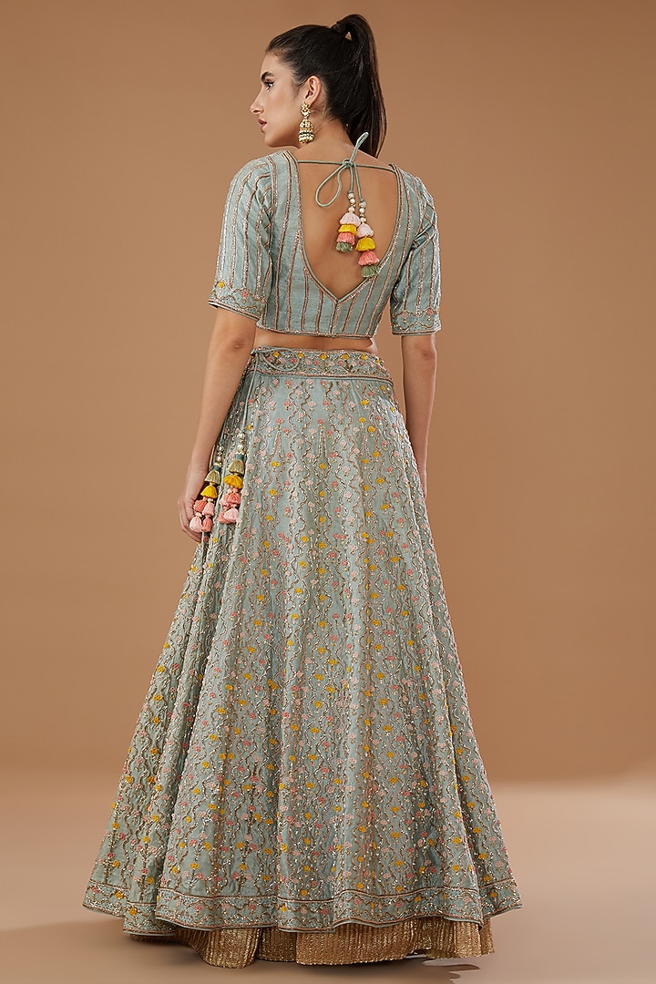 Teal Green Raw Silk & Organza Embroidered Bridal Lehenga Set by Yashodhara at Pernia's Pop Up Shop