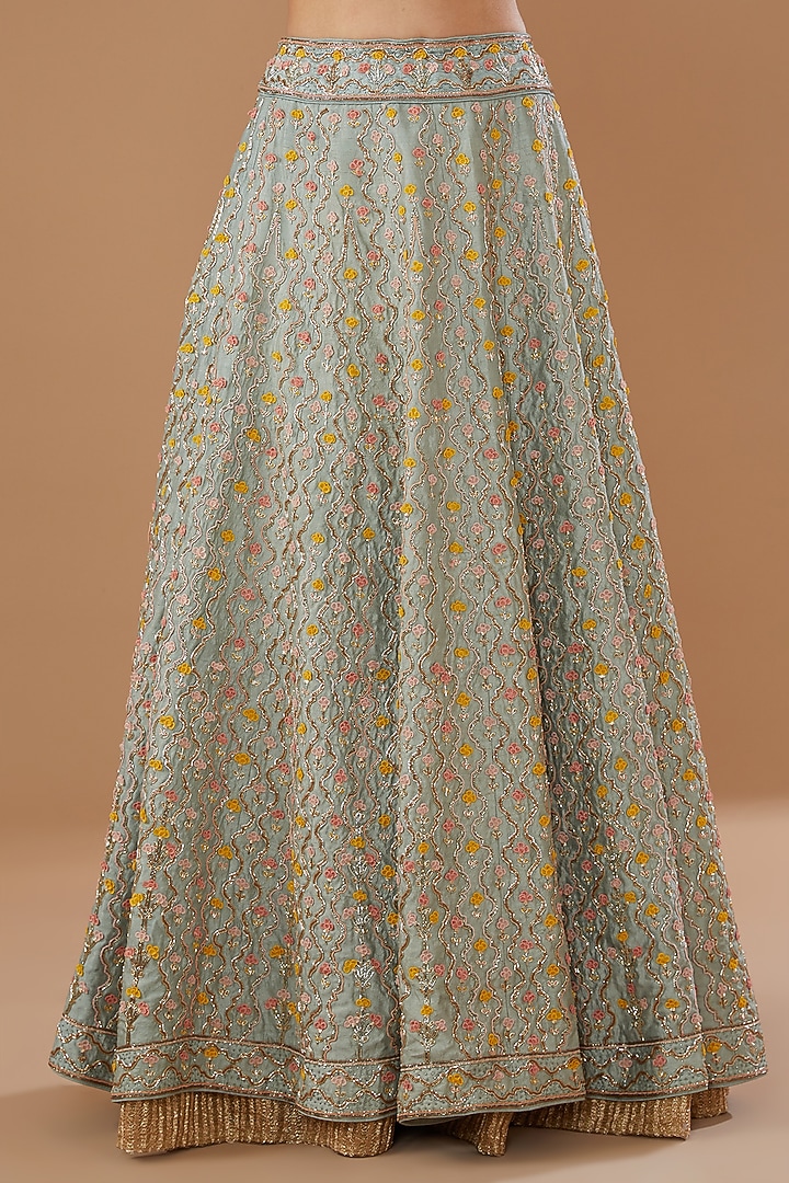Teal Green Raw Silk & Organza Embroidered Bridal Lehenga Set by Yashodhara at Pernia's Pop Up Shop
