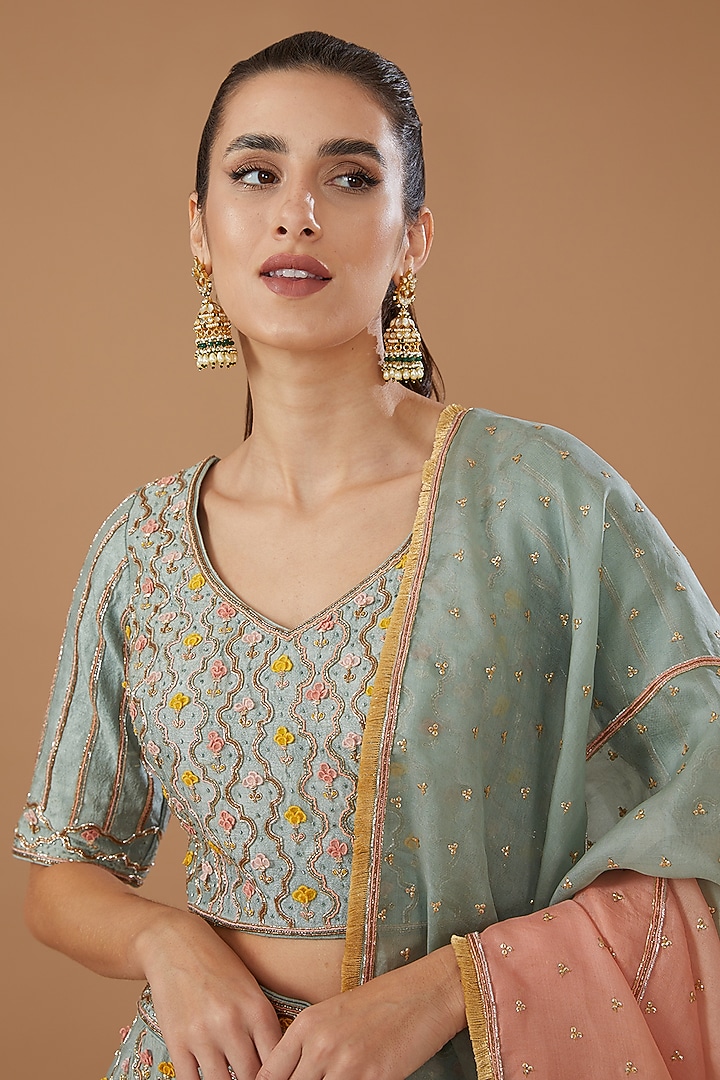 Teal Green Raw Silk & Organza Embroidered Bridal Lehenga Set by Yashodhara at Pernia's Pop Up Shop