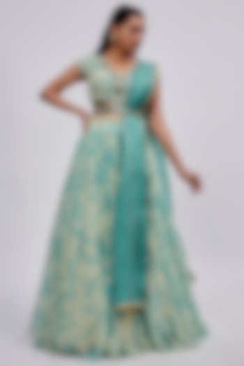 Aqua Green Chiffon Printed Wedding Lehenga Set by Yashodhara at Pernia's Pop Up Shop