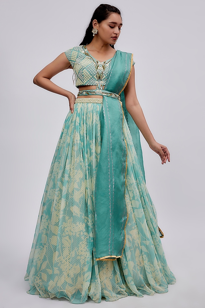 Aqua Green Chiffon Printed Wedding Lehenga Set by Yashodhara at Pernia's Pop Up Shop