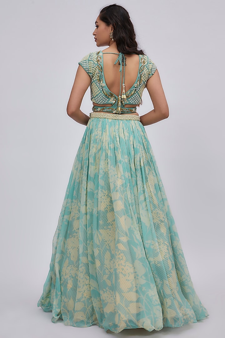 Aqua Green Chiffon Printed Wedding Lehenga Set by Yashodhara at Pernia's Pop Up Shop
