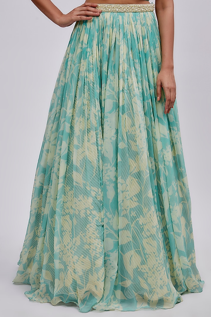 Aqua Green Chiffon Printed Wedding Lehenga Set by Yashodhara at Pernia's Pop Up Shop