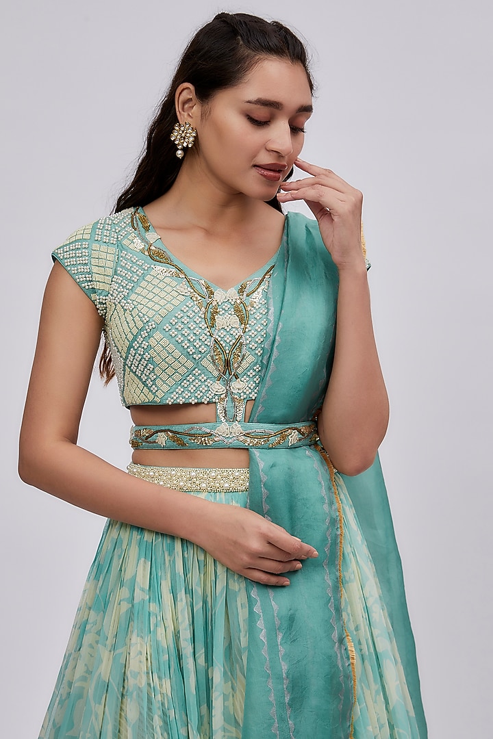 Aqua Green Chiffon Printed Wedding Lehenga Set by Yashodhara at Pernia's Pop Up Shop