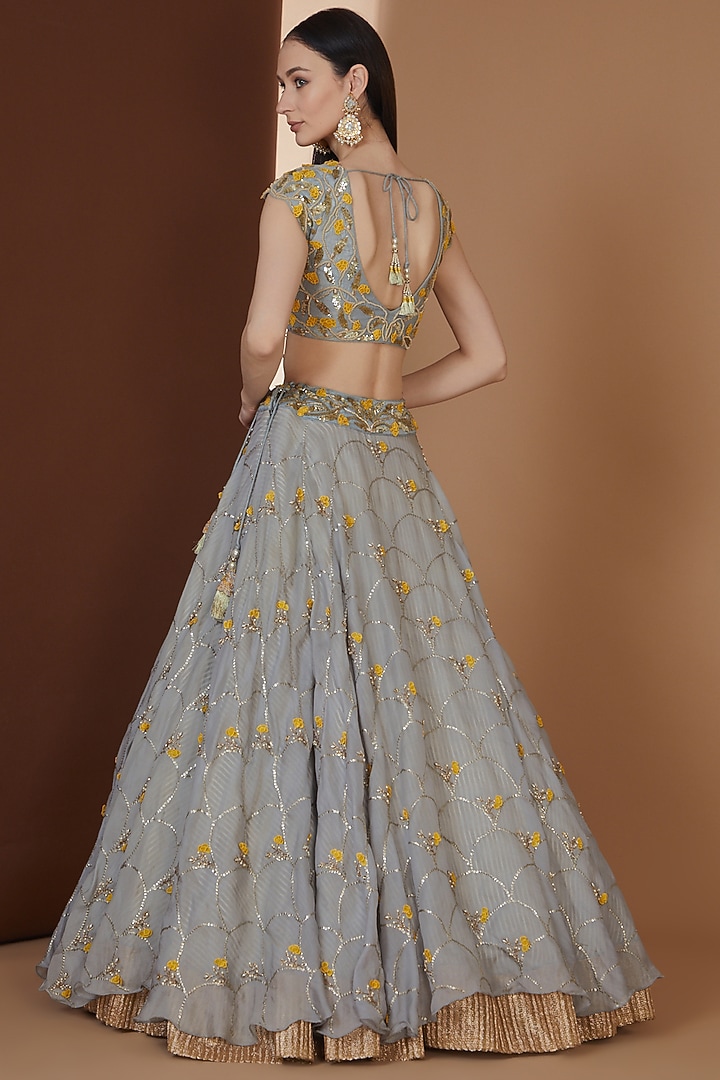 Dull Blue Organza Bridal Lehenga Set by Yashodhara at Pernia's Pop Up Shop