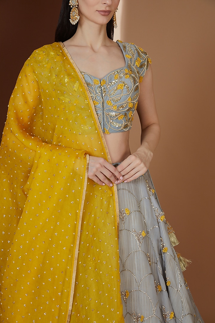 Dull Blue Organza Bridal Lehenga Set by Yashodhara at Pernia's Pop Up Shop
