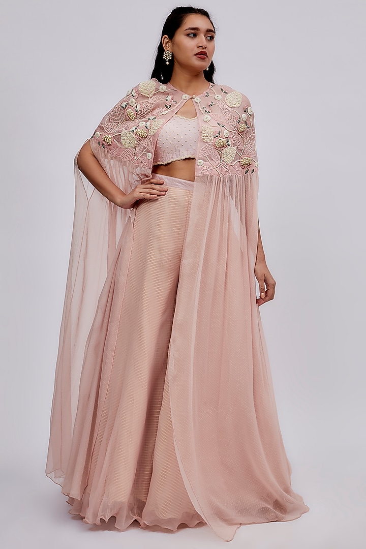Pink Rose Chiffon & Organza Embroidered Cape Set by Yashodhara at Pernia's Pop Up Shop