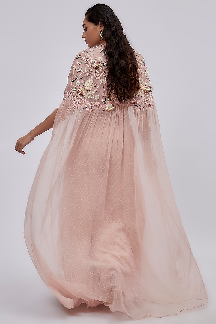 Pink Rose Chiffon & Organza Embroidered Cape Set by Yashodhara at Pernia's Pop Up Shop