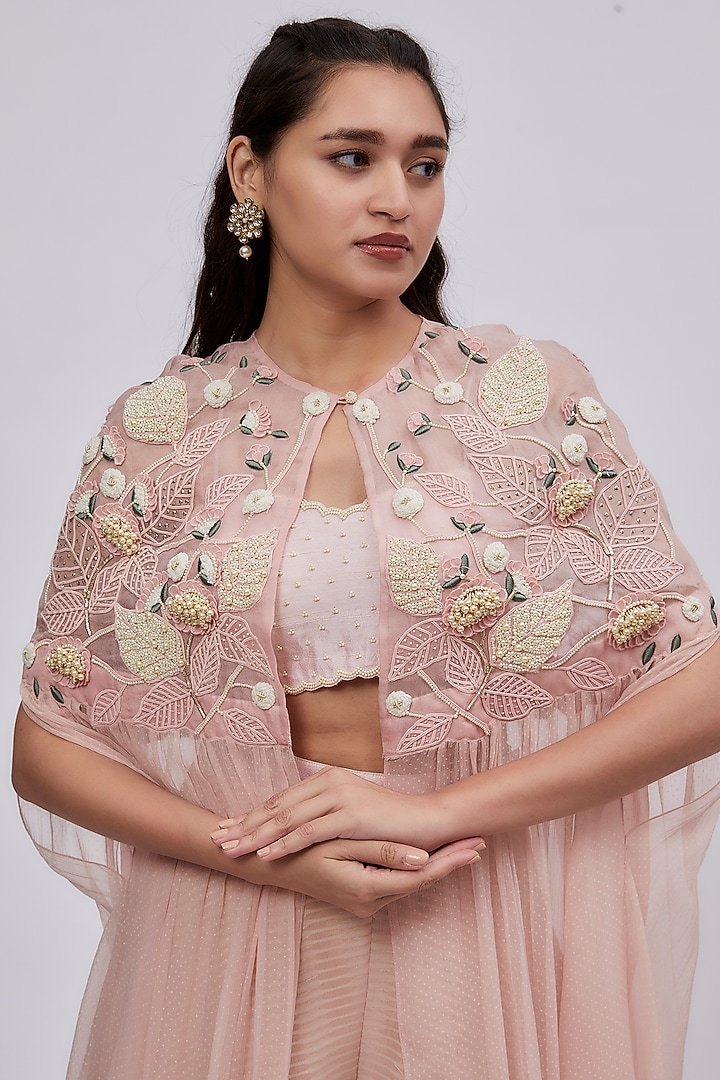 Pink Rose Chiffon & Organza Embroidered Cape Set by Yashodhara at Pernia's Pop Up Shop