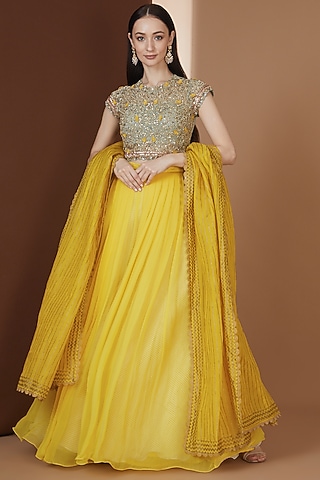Yellow Chiffon Pleated Lehenga Set by Yashodhara