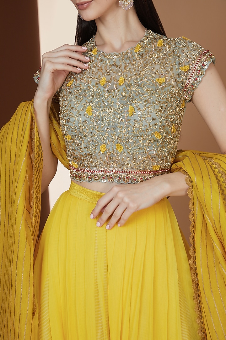 Yellow Chiffon Pleated Wedding Lehenga Set by Yashodhara at Pernia's Pop Up Shop