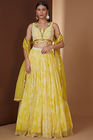Yellow Chiffon Printed Pleated Lehenga Set by Yashodhara
