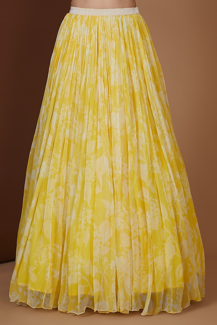 Yellow Chiffon Printed Pleated Wedding Lehenga Set by Yashodhara at Pernia's Pop Up Shop