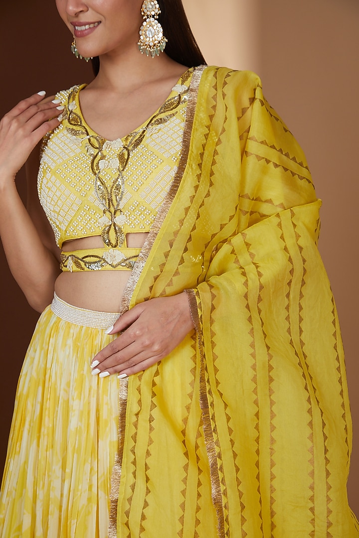 Yellow Chiffon Printed Pleated Wedding Lehenga Set by Yashodhara at Pernia's Pop Up Shop