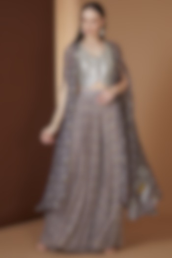 Grey Chiffon Printed Pleated Skirt Set by Yashodhara