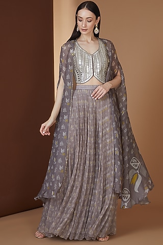 Grey Chiffon Printed Pleated Skirt Set by Yashodhara