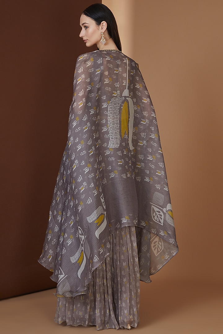 Grey Chiffon Printed Pleated Skirt Set by Yashodhara at Pernia's Pop Up Shop