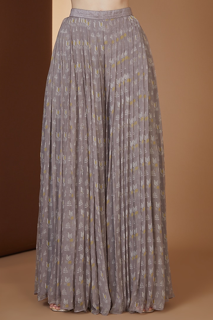 Grey Chiffon Printed Pleated Skirt Set by Yashodhara at Pernia's Pop Up Shop