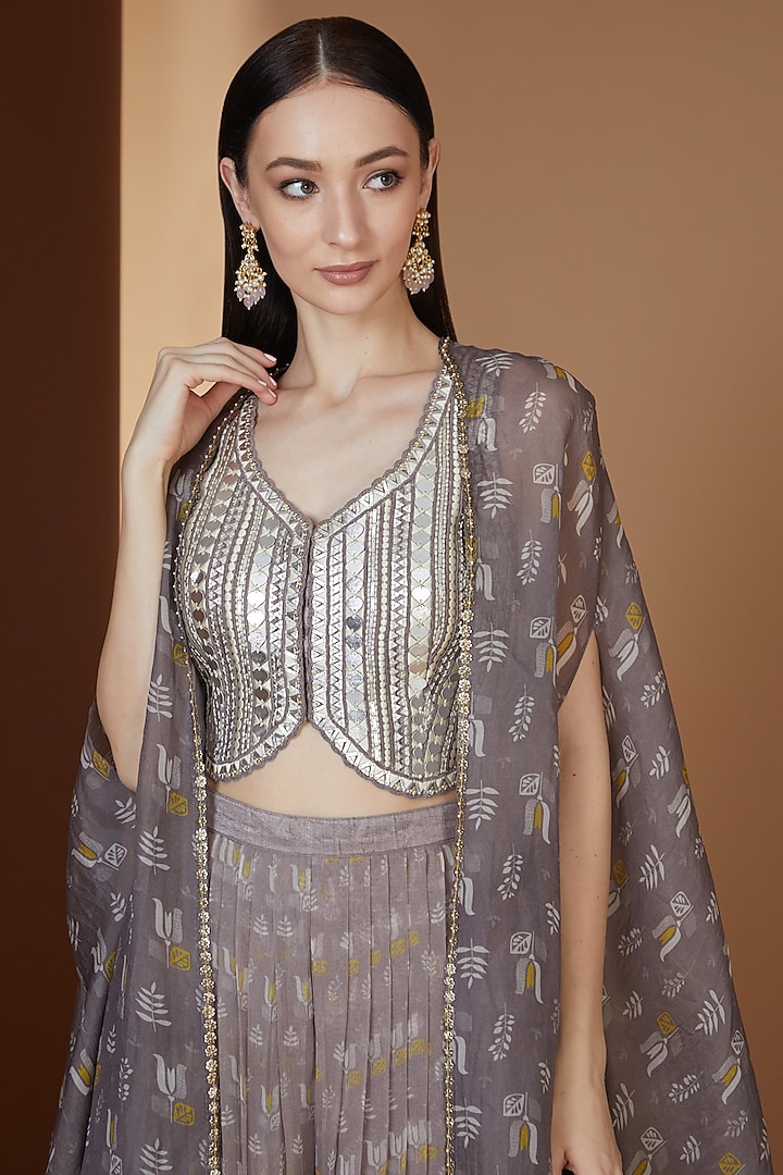 Grey Chiffon Printed Pleated Skirt Set by Yashodhara at Pernia's Pop Up Shop