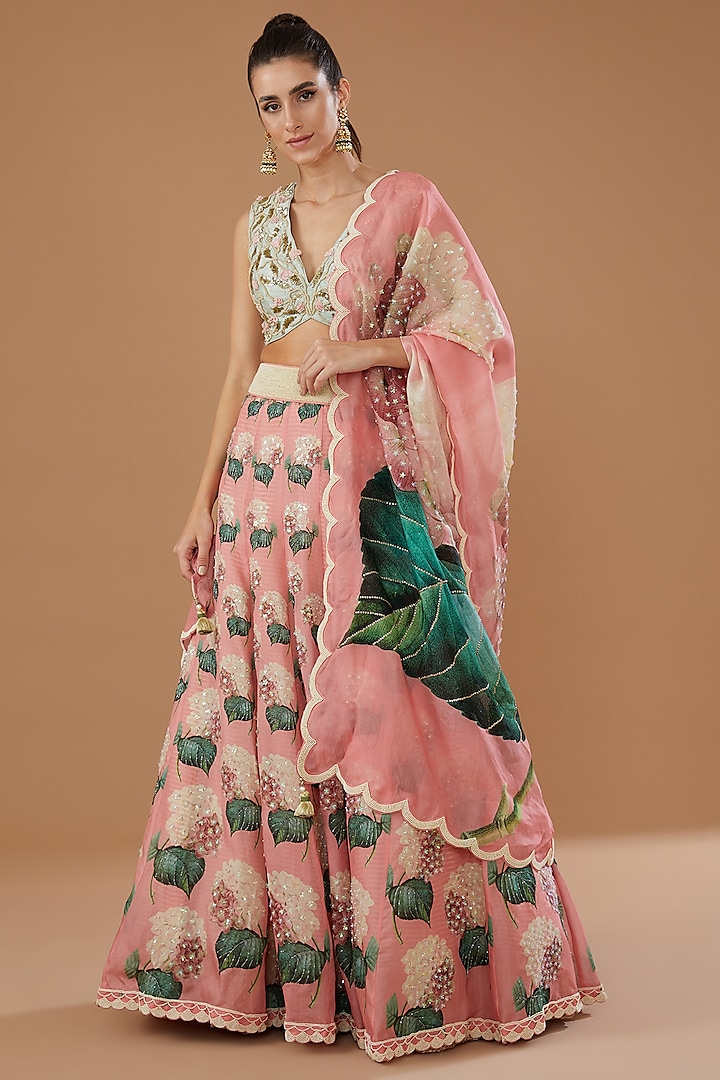 Pink Organza Printed Bridal Lehenga Set by Yashodhara at Pernia's Pop Up Shop