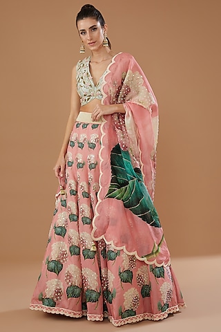 Pink Organza Printed Lehenga Set by Yashodhara