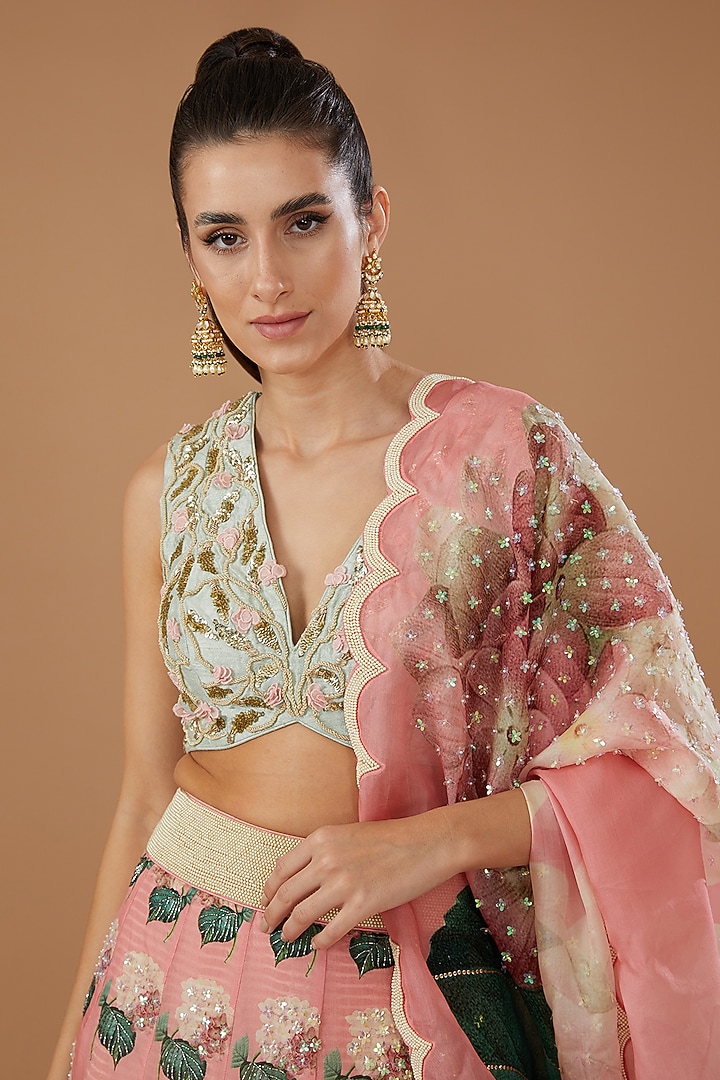 Pink Organza Printed Bridal Lehenga Set by Yashodhara at Pernia's Pop Up Shop