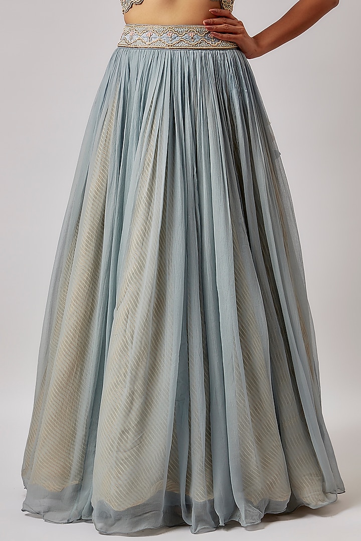 Dull Blue Chiffon & Raw Silk Embroidered Wedding Lehenga Set by Yashodhara at Pernia's Pop Up Shop
