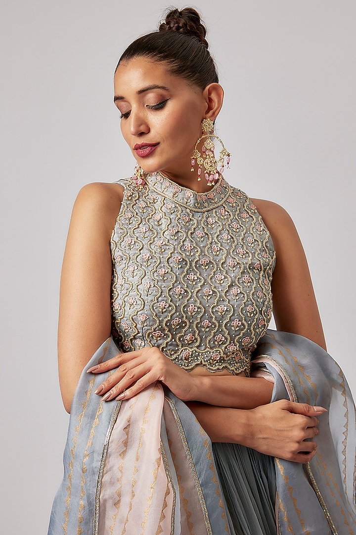 Dull Blue Chiffon & Raw Silk Embroidered Wedding Lehenga Set by Yashodhara at Pernia's Pop Up Shop
