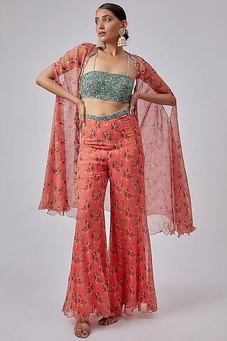 Coral Raw Silk & Chiffon Printed Cape Set by Yashodhara