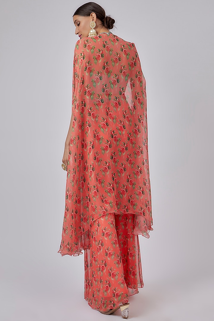 Coral Raw Silk & Chiffon Printed Cape Set by Yashodhara at Pernia's Pop Up Shop