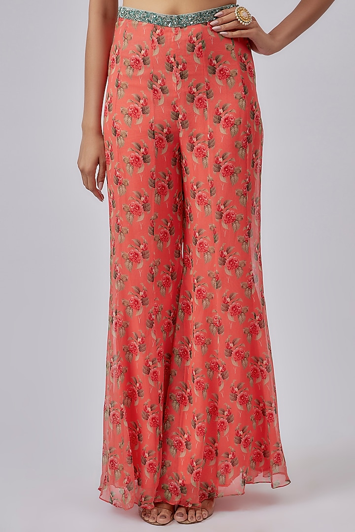 Coral Raw Silk & Chiffon Printed Cape Set by Yashodhara at Pernia's Pop Up Shop