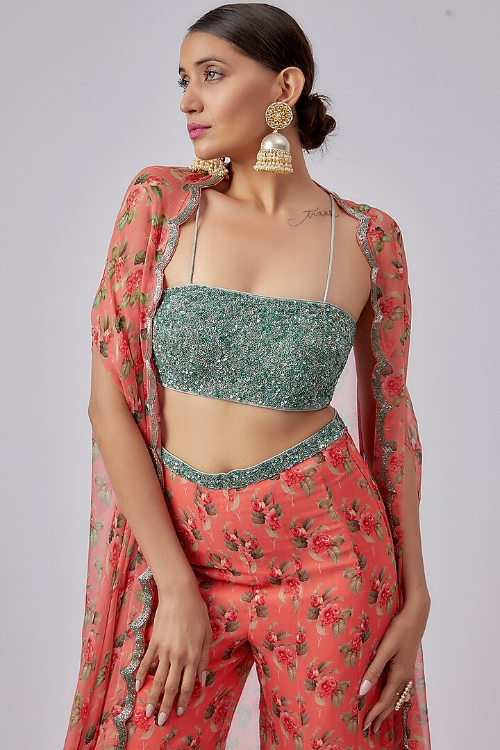 Coral Raw Silk & Chiffon Printed Cape Set by Yashodhara at Pernia's Pop Up Shop