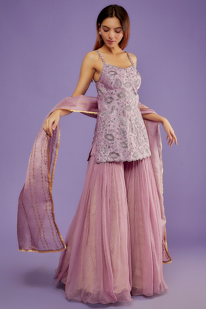 Lilac Organza & Raw Silk Gharara Set by Yashodhara at Pernia's Pop Up Shop
