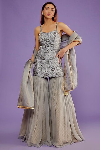 Grey Raw Silk & Chiffon Gharara Set by Yashodhara