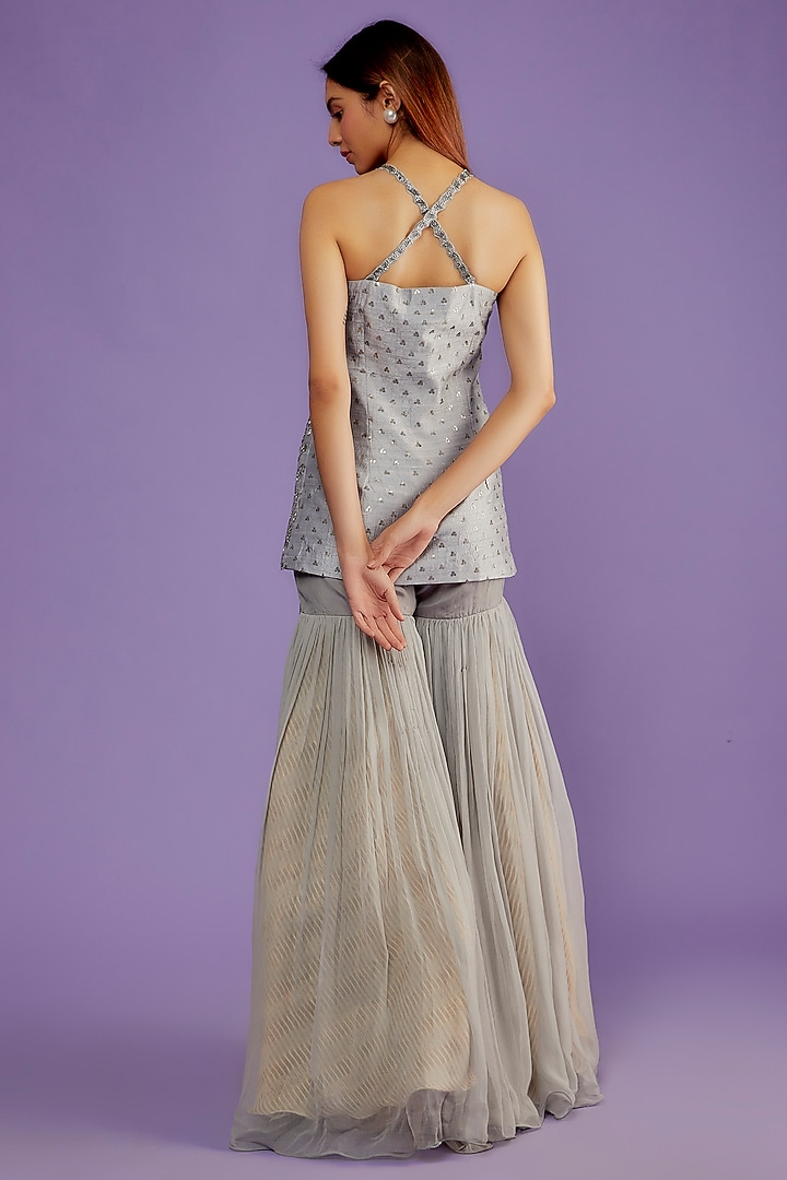 Grey Raw Silk & Chiffon Gharara Set by Yashodhara at Pernia's Pop Up Shop