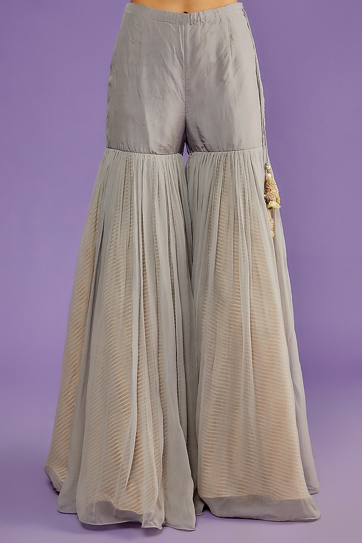 Grey Raw Silk & Chiffon Gharara Set by Yashodhara at Pernia's Pop Up Shop