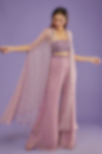Lilac Raw Silk & Chiffon Printed Cape Set by Yashodhara at Pernia's Pop Up Shop