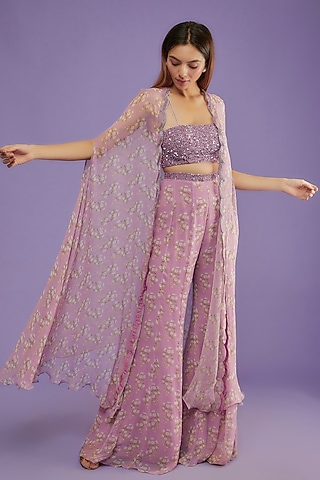 Lilac Raw Silk & Chiffon Printed Cape Set by Yashodhara