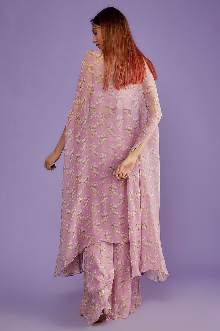 Lilac Raw Silk & Chiffon Printed Cape Set by Yashodhara at Pernia's Pop Up Shop