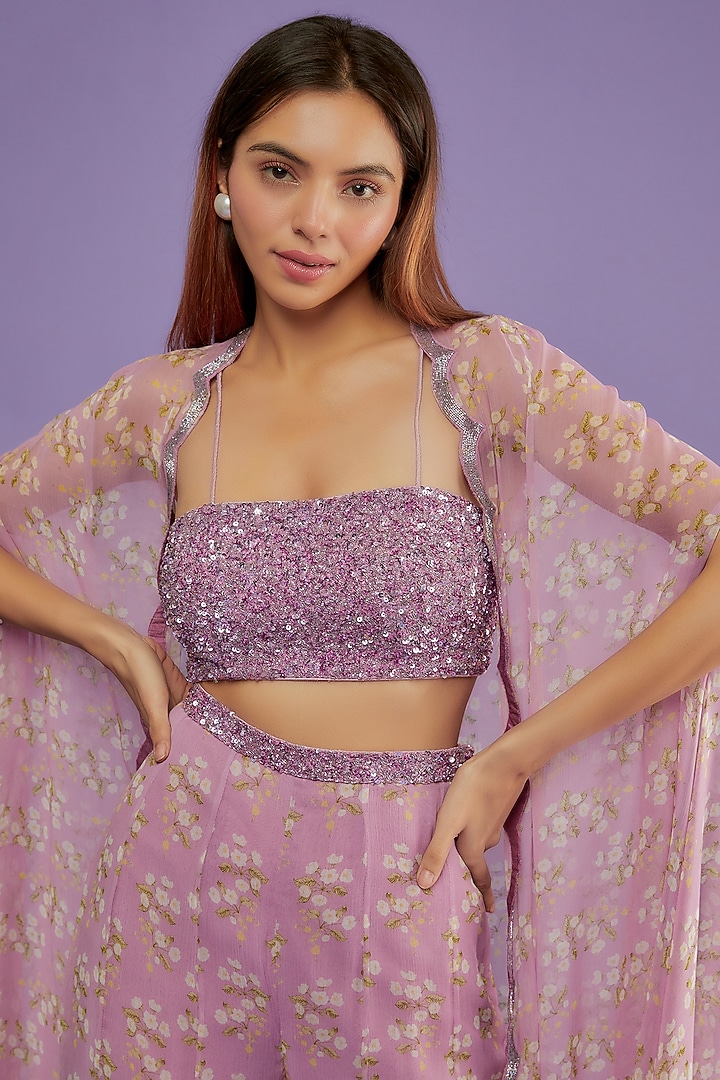 Lilac Raw Silk & Chiffon Printed Cape Set by Yashodhara at Pernia's Pop Up Shop