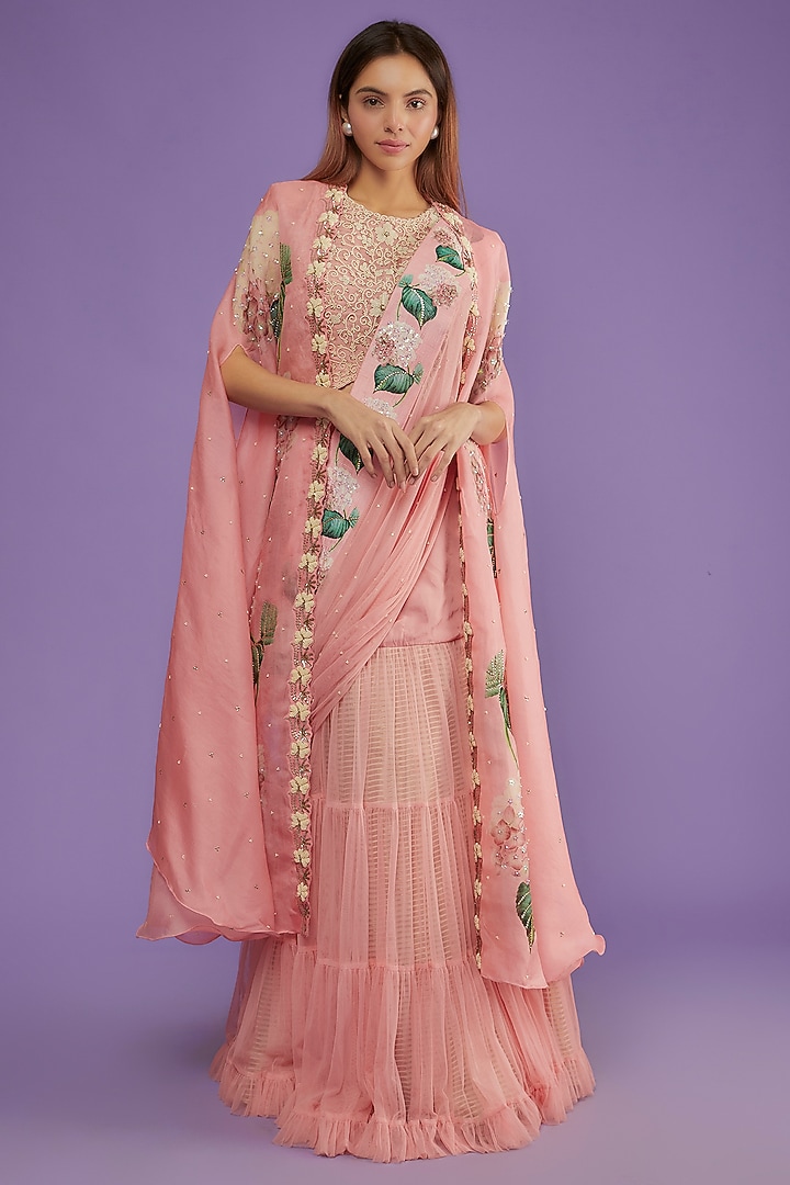 Pink Organza & Raw Silk Sash Sharara Skirt Set by Yashodhara at Pernia's Pop Up Shop